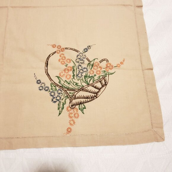 VTG  Painted Beige Tablecloth With Floral Basket Design 32" X 32" Square Cotton - Picture 7 of 9